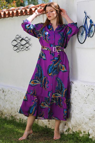 Chiccy Purple Judge Collar Balloon Sleeve Shawl Decorated Button Skirt with Ruffled Belt Casual Woven Dress 145 65
