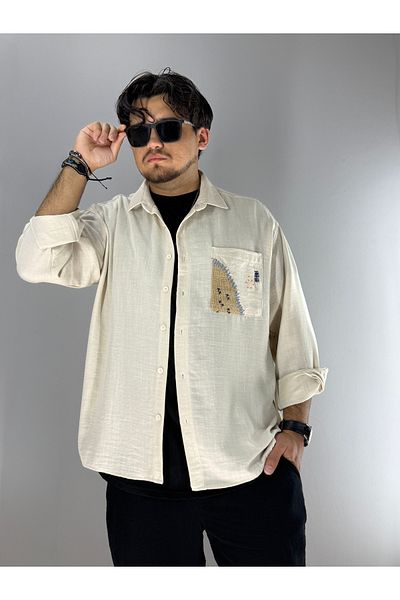 MARESHAL Embroidery Straw Pocket Detailed Oversize Shirt-Beige