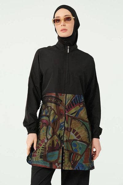Bordomix 25276 Women's Black Patterned Mesh Detailed Hijab Swimsuit