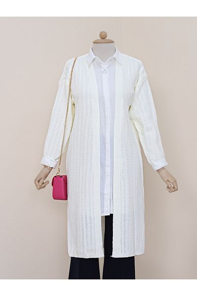 HİJABAYA Slit Knitted Pattern Long Cardigan