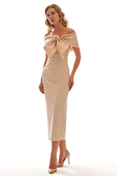 Elbisemhazır Straplez Fiyonklu Omuz Açık Kadın Midi Abiye Elbise