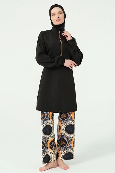 Bordomix 25311 Women's Black Trousers Patterned Hijab Swimsuit