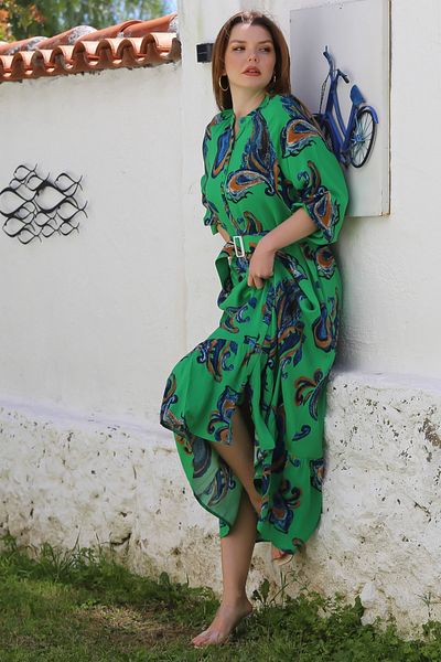 Chiccy Green Judge Collar Balloon Sleeve Shawl Decorated Button Skirt with Ruffle Belt Casual Woven Dress 145 65