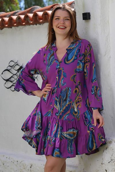 Chiccy Mov cu decolteu în V cu mâneci cu volan, cu imprimeu înfășurat, cu nasturi, cu volane, ocazională, rochie țesătă din viscoză 95 60