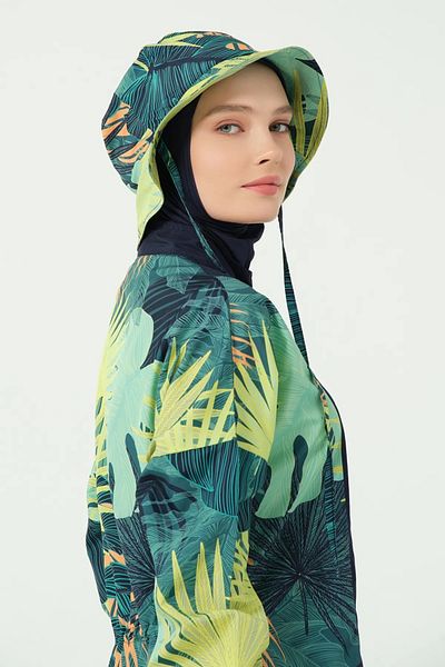 Bordomix 25270 Women's Green Leaf Patterned Hijab Swimsuit