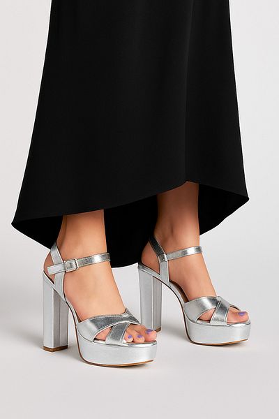 Limeo Shiny Cross Stripe Buckle Thick High Platform Women's Wedding Heeled Evening Dress Shoes