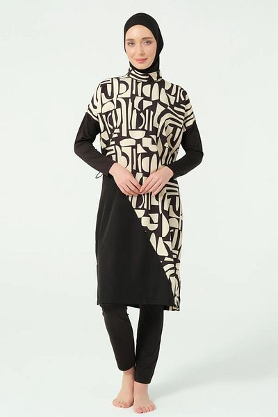 Bordomix 25316 Women's Black Cross Patterned Adjustable Waist Hijab Swimsuit