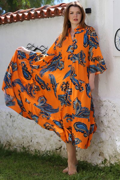 Chiccy Orange V-Neck Ruffle Sleeve Paisley Pattern Button Skirt Ruffle Casual Viscose Woven Dress 135 60