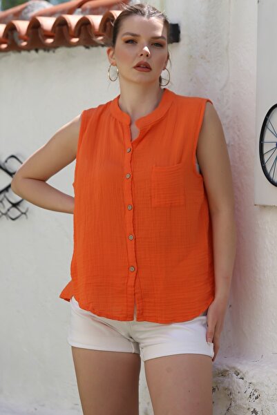 Chiccy Orange Judge Collar Sleeveless Buttoned Single Pocket Casual Muslin Woven Blouse 68 60