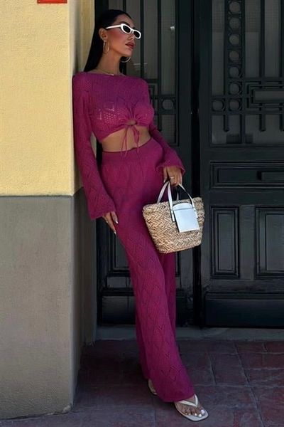 Silerra Chest Lacing Detailed Openwork Blouse Trousers Set 10098