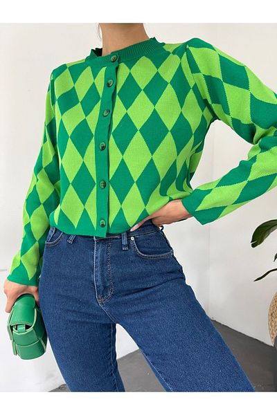 HİJABAYA Crew Neck Buttoned Diamond Pattern Cardigan