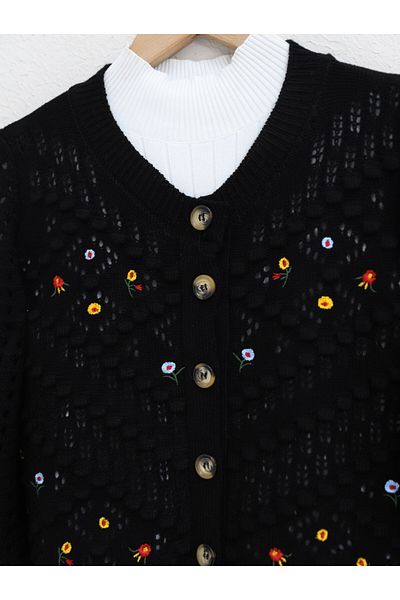 HİJABAYA Floral Embroidered Pompom Openwork Sweater Cardigan