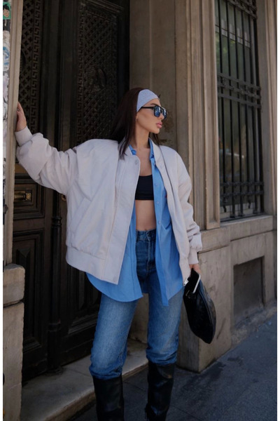 velmorafashion Velmora Pocketed Bomber Jacket Coat - White -