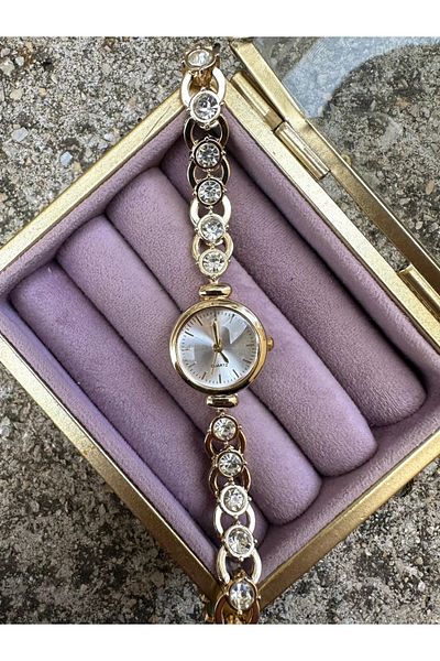 Choppers Women's Wristwatch Gold and Silver Color Chain Cord Quartz Stone Detailed Stylish Model