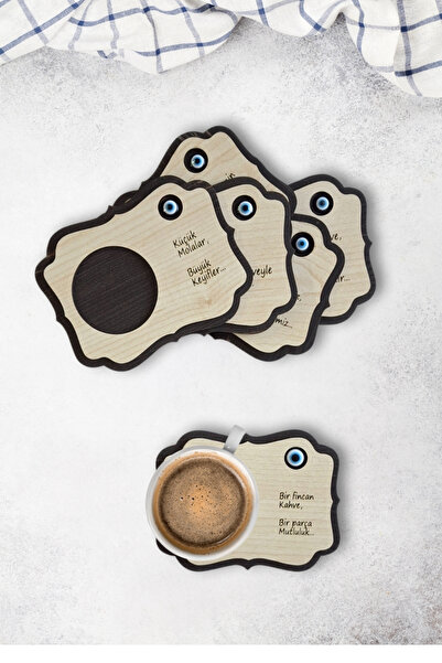 Kutaydan 6 Pieces Wooden Laser Cut Cups and Coffee Coasters with Evil Eye Beads