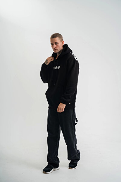 velmorafashion سويت شيرت هودي دبل قصة فضفاضة ديجيتال باتشي - أسود -VLMR