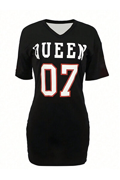 Richarlison Kadın Siyah QUEEN 07 Baskılı V Yaka Günlük Kısa Kollu Midi Boy Elbise