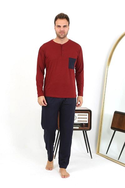 Celira Men's Long Sleeve Combed Cotton Claret Red Pajama Set 6861