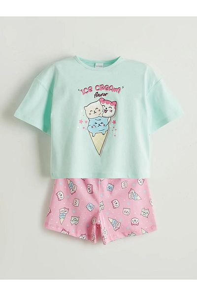 LC Waikiki Set de pijamale pentru fete cu imprimeu albastru LCW Kids cu pantaloni scurți