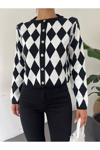 HİJABAYA Crew Neck Buttoned Diamond Pattern Cardigan