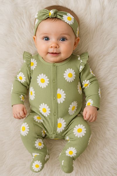 Light Green Daisy Pattern Baby Onesie - Bandana