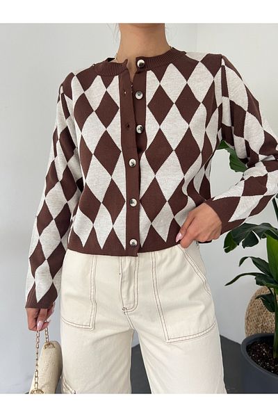 HİJABAYA Crew Neck Buttoned Diamond Pattern Cardigan