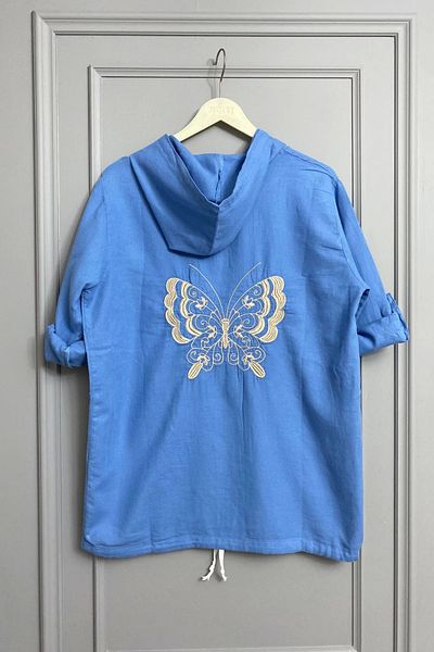 Bİ.GİYSEN Women's Light Blue Large Size Back Butterfly Embroidered Sleeve Fold Cotton Linen Fabric Shirt Jacket