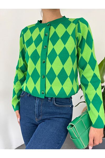 HİJABAYA Crew Neck Buttoned Diamond Pattern Cardigan