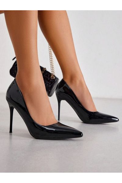 TrendyAnka Women's Black Patent Leather 10cm Thin Heeled Shoes Stiletto