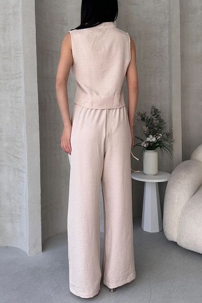 DENİKK S1008 Aerobin Linen Judge Collar Accessory Blouse and Pants Bottom Top Women's Two-Piece Suit