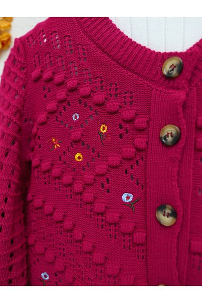HİJABAYA Floral Embroidered Pompom Openwork Sweater Cardigan