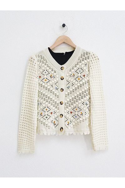 HİJABAYA Floral Embroidered Pompom Openwork Sweater Cardigan
