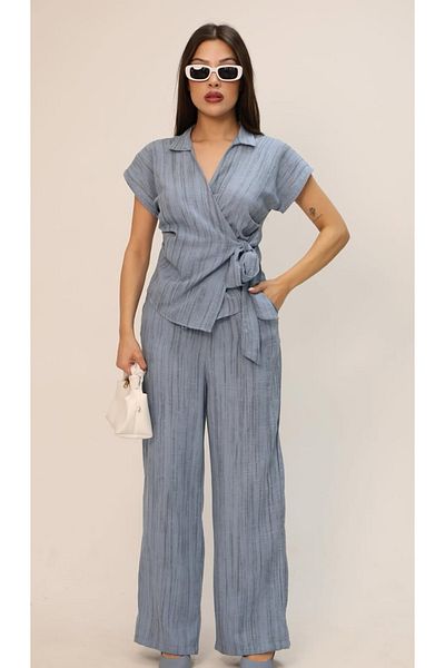 LEYLA SAĞLAM Women's Front Tie Bluz Pants Linen Look Double Suit