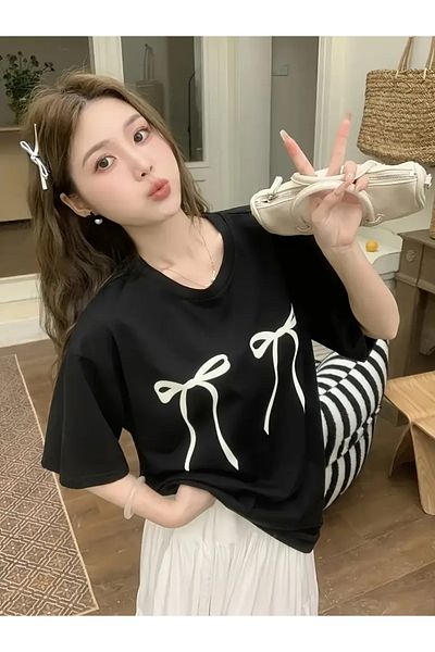 MANCY Double Ribbon Printed Crew Neck Tshirt