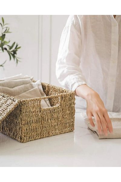 Bahçem Decorative Natural Seagrass Rectangular Wicker Basket Organizer with Lid Set of 3