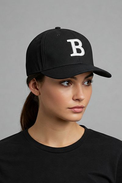 Pissos B Letter Embroidered 100% Cotton Black Baseball Cap - Unisex Letter Embroidered Cap, Adjustable with Velcro