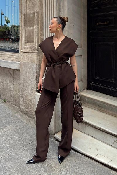 Swist Brown Tina Double Breasted Bias Tie Vest-Pants Women's Bottom Top Set