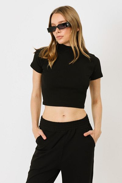 C&City Women's Black Short Sleeve Corduroy Blouse - Stand Collar 921