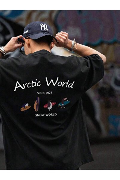 MANCY Tricou oversize unisex negru Arctic World imprimat 100% bumbac