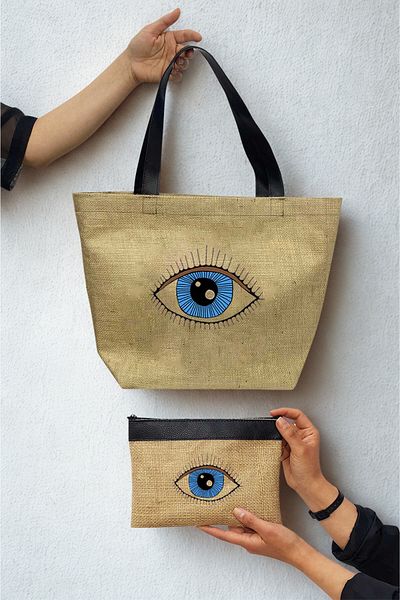 Woys Bags Evil Eye Bead Δερμάτινη λαβή με στάμπα από ύφασμα με στάμπα σετ τσάντα θαλάσσης και τσάντα μακιγιάζ σετ δύο