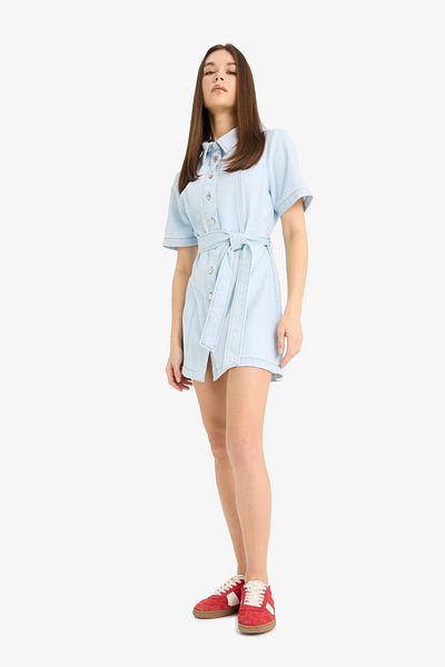 DeFacto Polo Neck Button Belted Short Sleeve Mini Jean Dress E1287Ax25Sm