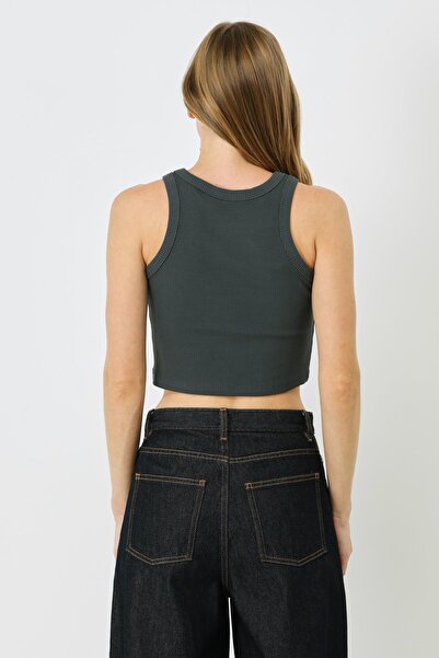 C&City Women's Corded Crop Tank Top - Halter Neck, Flexible 925 Smoked