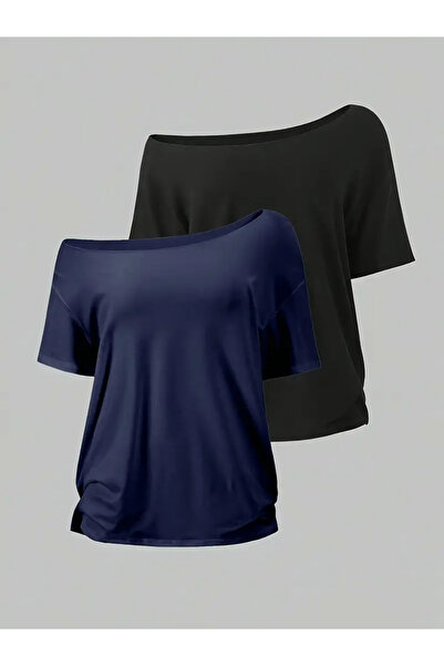 MANCY طقم تي شيرت نسائي بدون أكتاف ورقبة قارب مكون من قطعتين