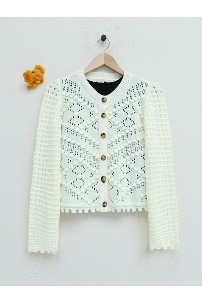HİJABAYA Openwork Embossed Bone Buttoned Knitwear Cardigan