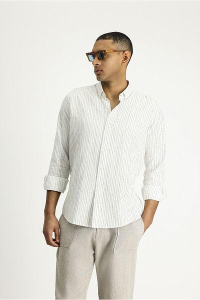 Kiğılı Long Sleeve Slim Fit Slim Fit Striped Sports Linen Blended Cotton Button Collar Shirt