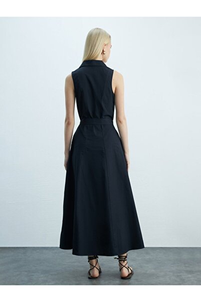 Ltb Basic Buttoned Poplin Long Navy Blue Dress