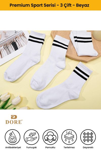Dore Γνήσιες αθλητικές κάλτσες Unisex 3 ζευγαριών Premium που απορροφούν τον ιδρώτα που αναπνέουν βαμβακερές μακριές αθλητικές κάλτσες Tennis College