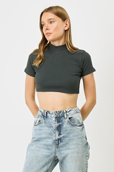 C&City Smoked Women's Crop Blouse - Short Sleeve, Stand Collar 922