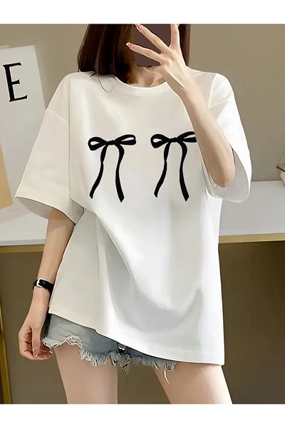 MANCY Double Ribbon Printed Crew Neck Tshirt