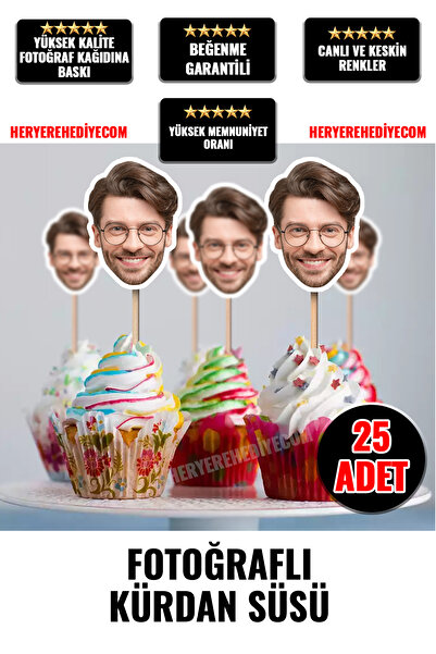 heryerehediye Kişiye Özel Fotoğraflı Pasta Kürdan süsü 25 Adet
